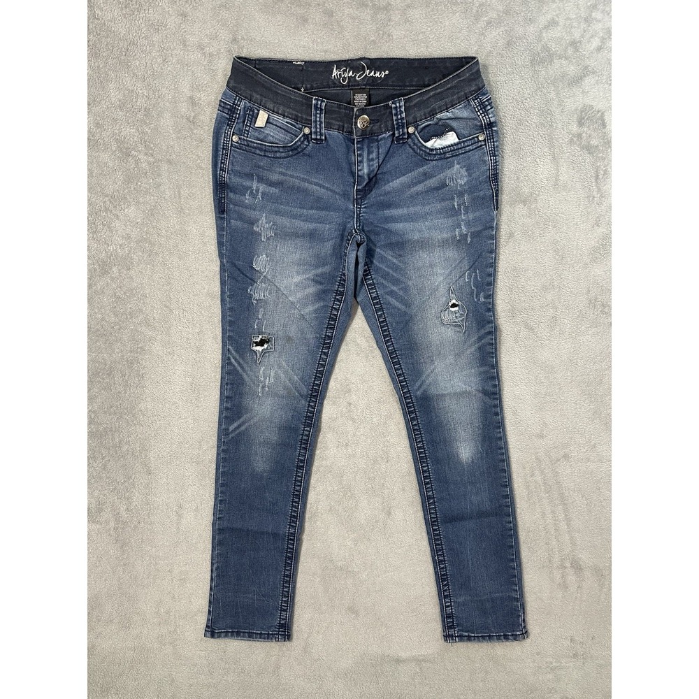 Ariya Jeans Womens 8 Blue Ripped Denim Skinny Embellished Flap Pockets Preppy